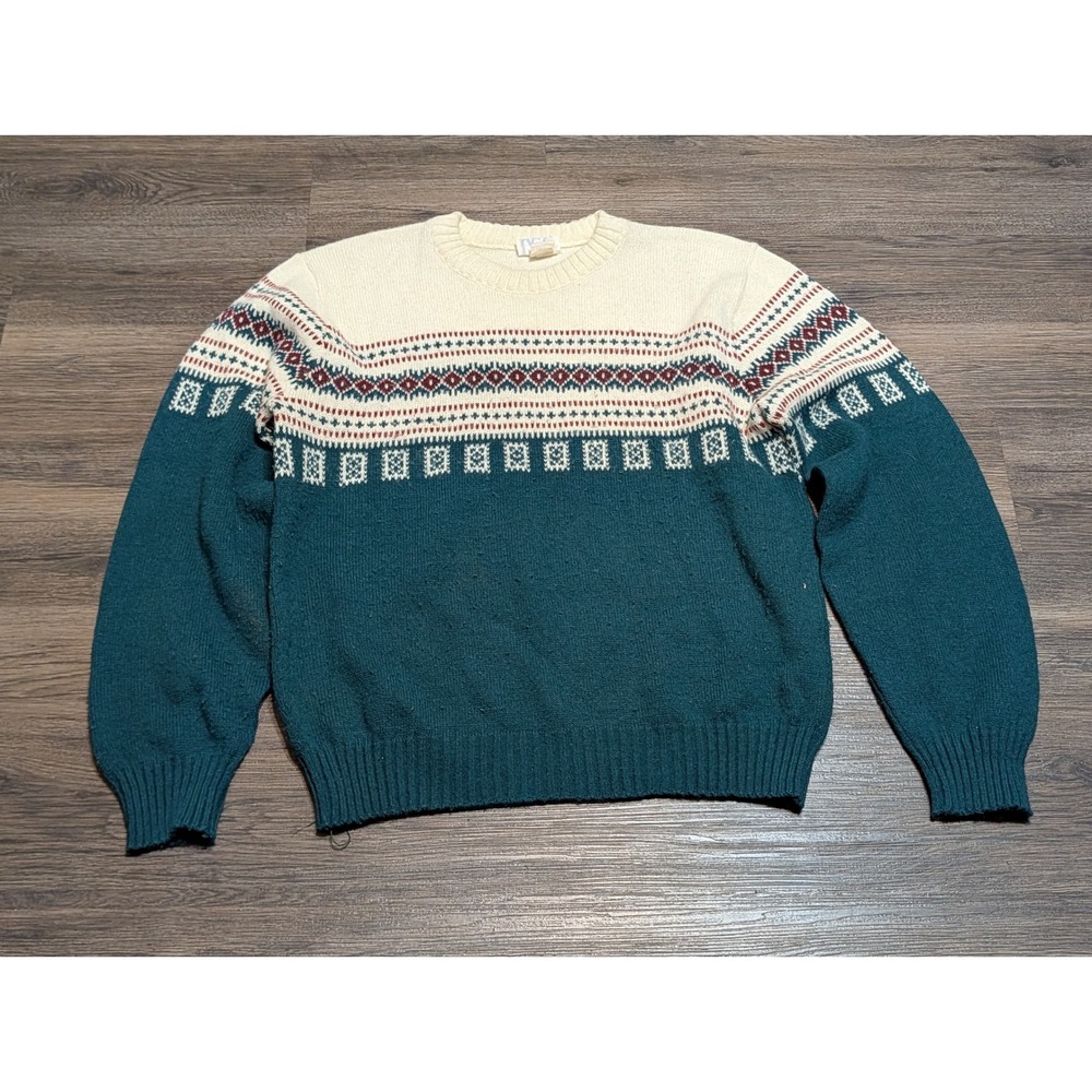 Vintage Lee Fair Isle Crewneck Sweater Teal Cream Acrylic Mens Large L 80s 90s